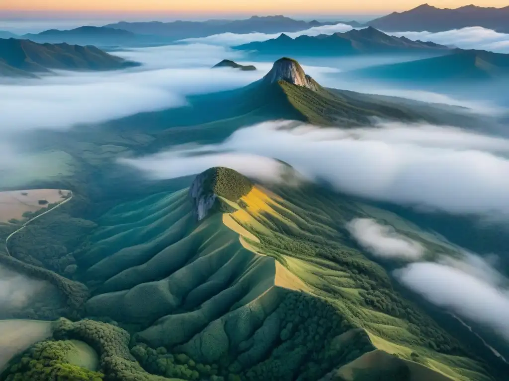 Vista aérea de la mística Sierra de las Ánimas en Uruguay, con leyendas montañosas al amanecer