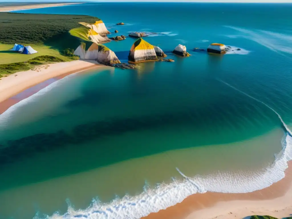 Vista aérea de Punta del Diablo, Uruguay, con acantilados, playas y carpas de camping