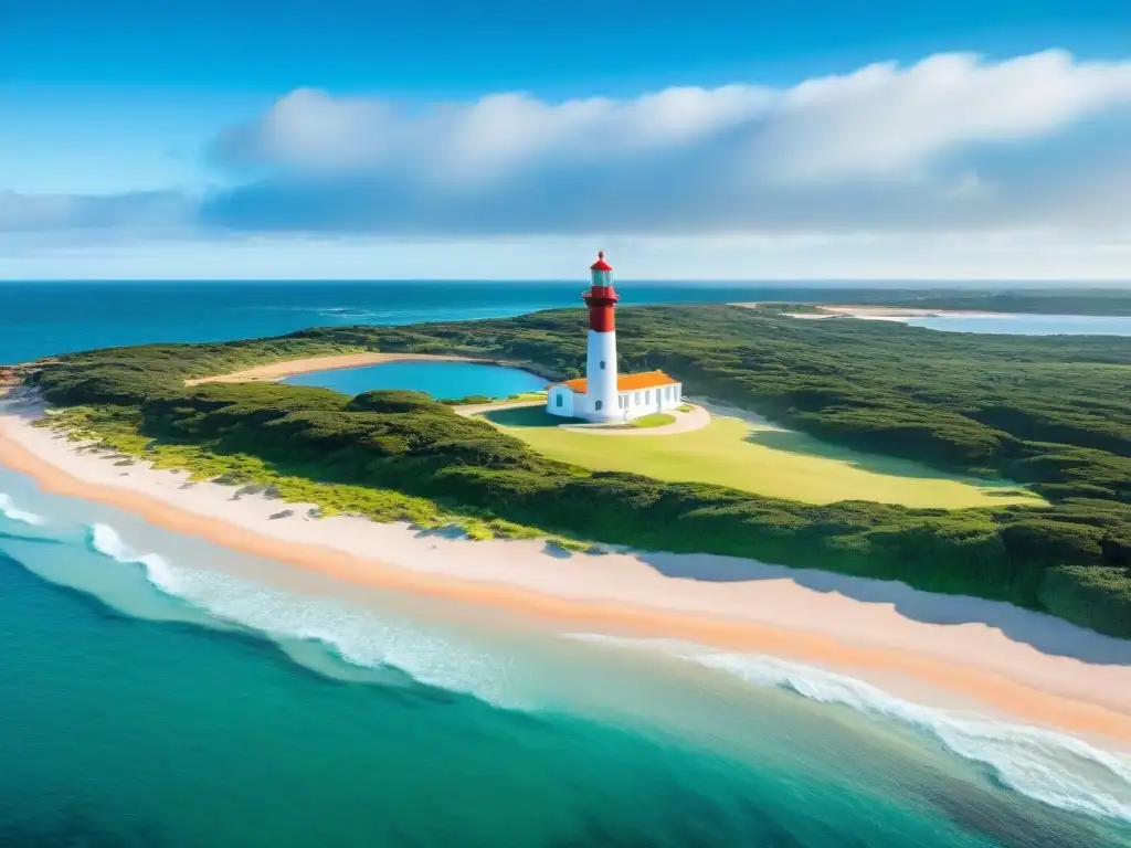 Vista aérea de Punta del Este, Uruguay, con el icónico Faro, playas de arena y aguas turquesas