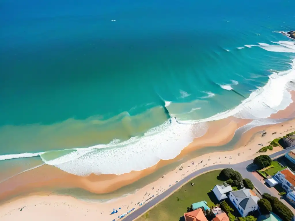 Vista aérea de Punta del Este, Uruguay: faro icónico, playas doradas, surfistas y paisaje vibrante