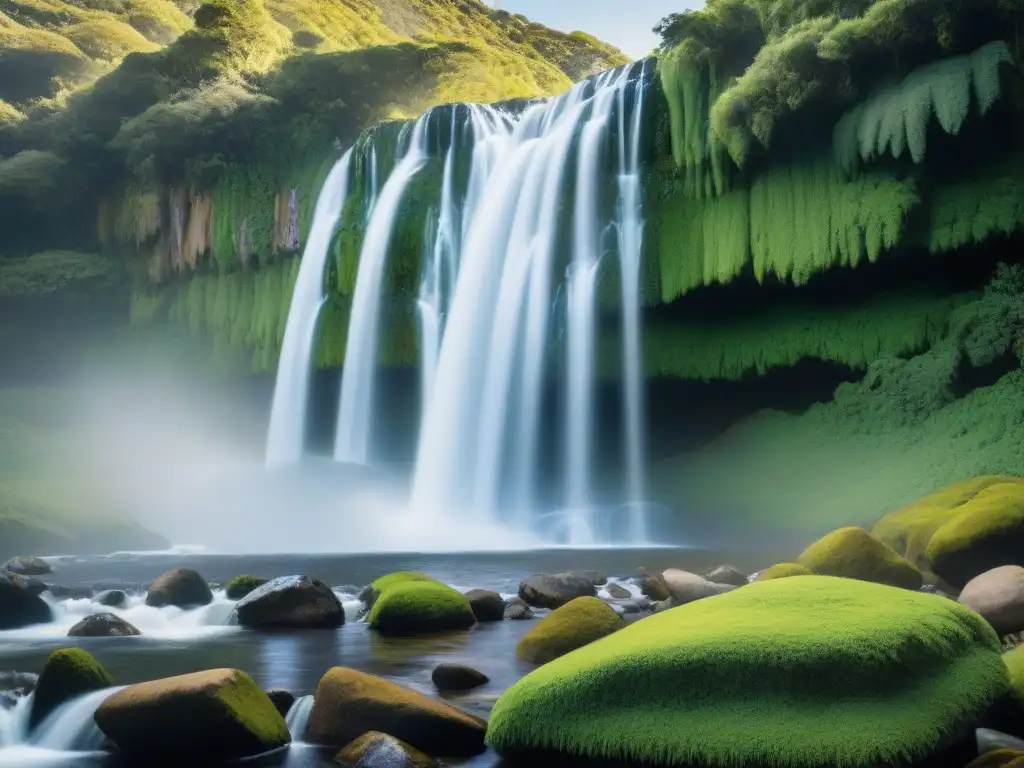 Vista detallada de una cascada serena en Uruguay, fluyendo entre rocas cubiertas de musgo