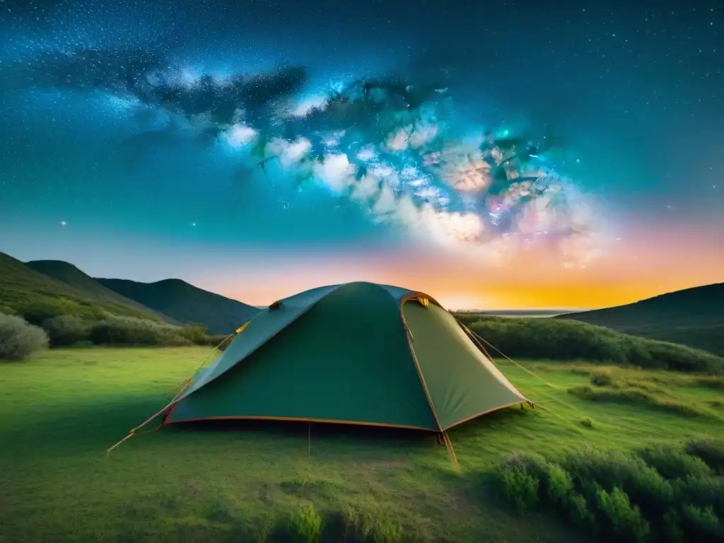 Vista nocturna de la mejor carpa camping clima Uruguay, iluminada bajo un cielo estrellado en un campamento verde exuberante