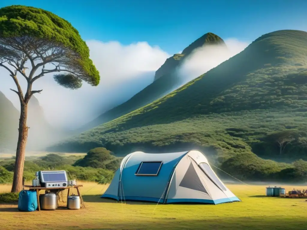 Vista panorámica de campamento ecofriendly en Uruguay con innovadoras cocinas solares