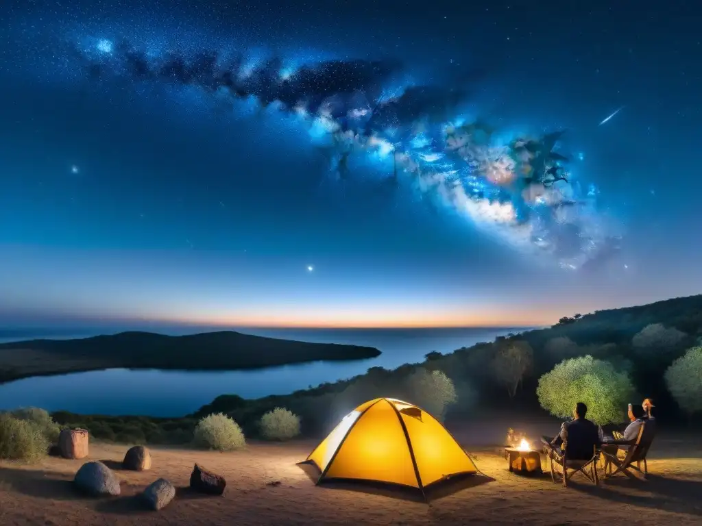 Vista panorámica del cielo nocturno en camping en Uruguay, con constelaciones y campamento alrededor de fogata