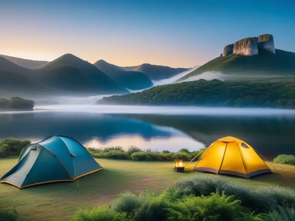 Vista panorámica de las mejores tiendas de campaña en un idílico campamento en Uruguay