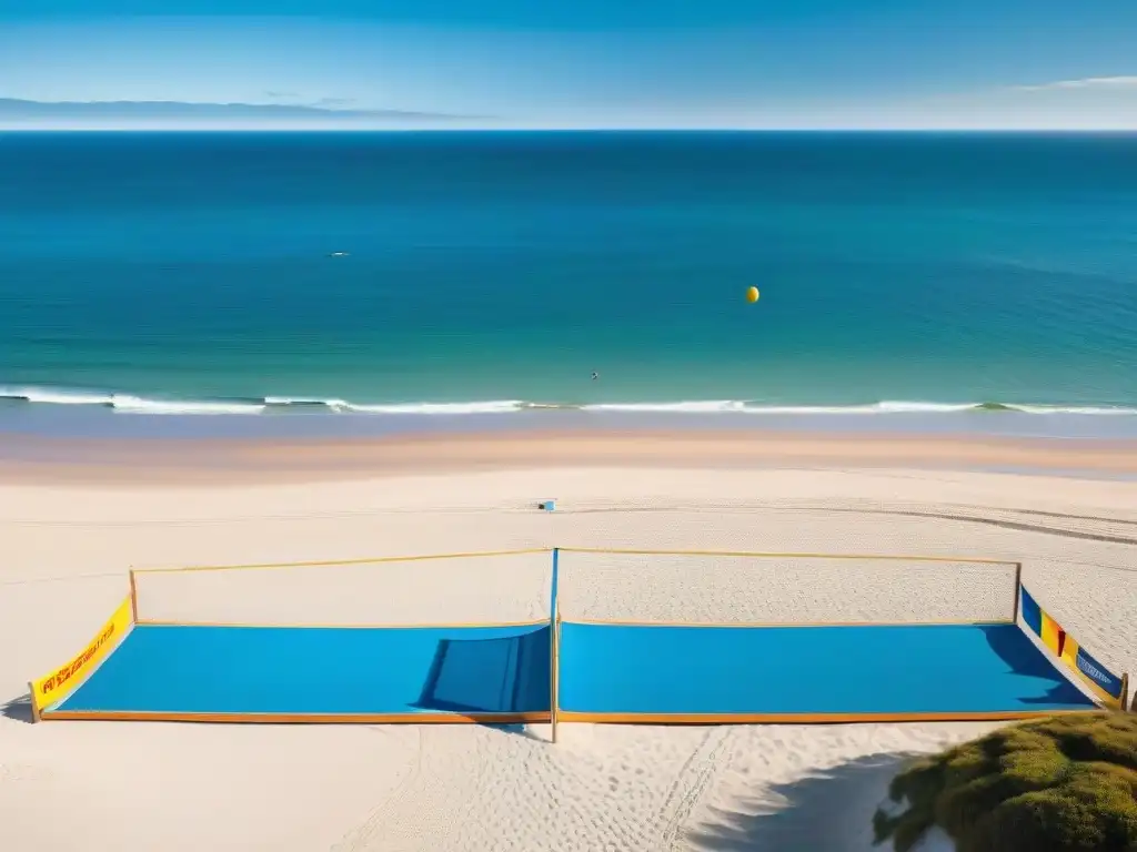 Vista panorámica de una playa en Uruguay con un campo de voleibol montado profesionalmente y jugadores compitiendo bajo un cielo azul