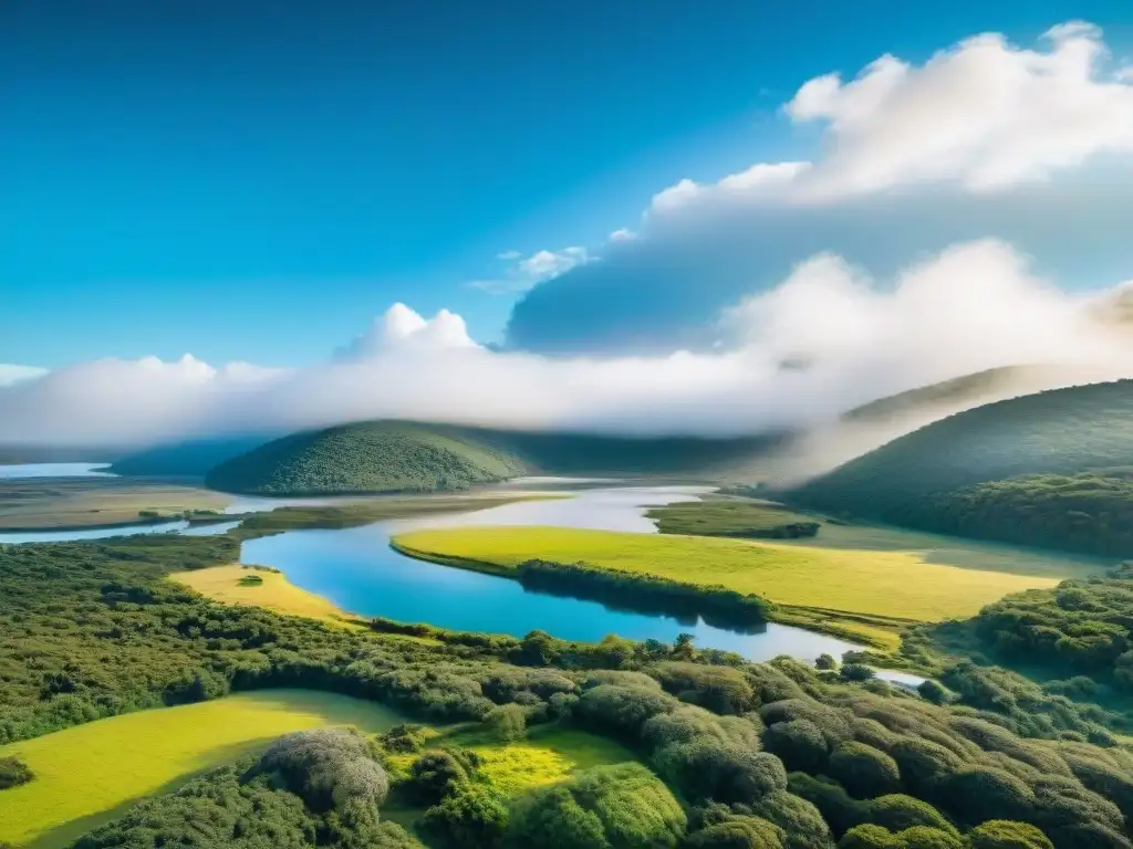 Vista panorámica de un sereno camping en Uruguay, con bosques verdes, río tranquilo y cielo azul