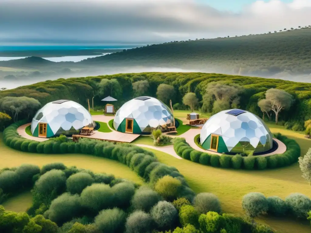 Vista panorámica de un sitio de glamping sostenible en Uruguay con prácticas sostenibles