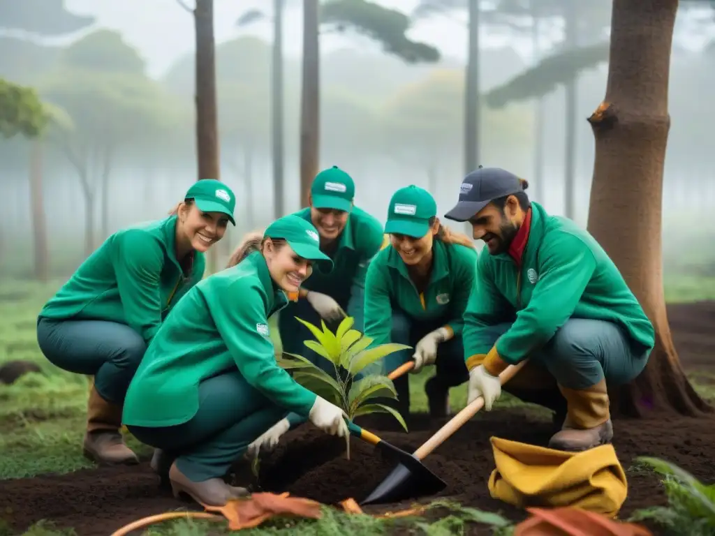 Voluntariado ambiental en Uruguay: Grupo plantando árboles nativos en un bosque exuberante