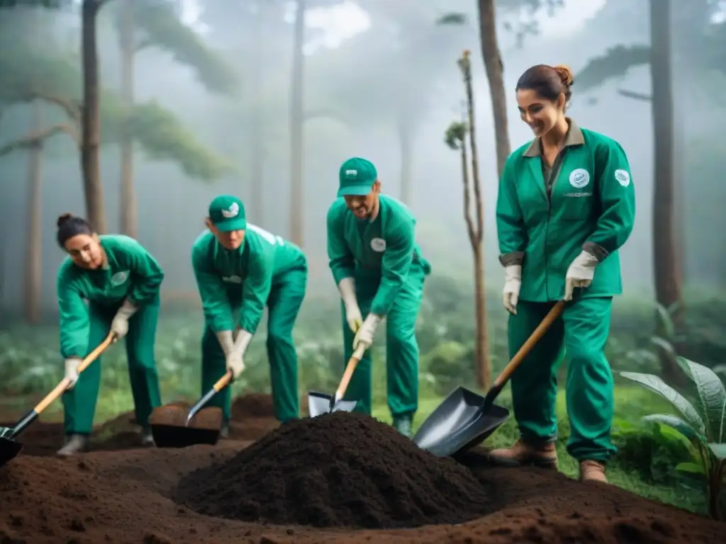 Voluntariado ambiental en Uruguay: Grupo plantando árboles nativos en bosque verde, unidos por conservación y pasión