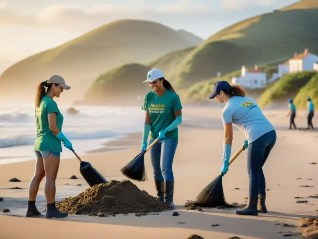 Voluntariado ambiental limpiando playa al atardecer en Uruguay