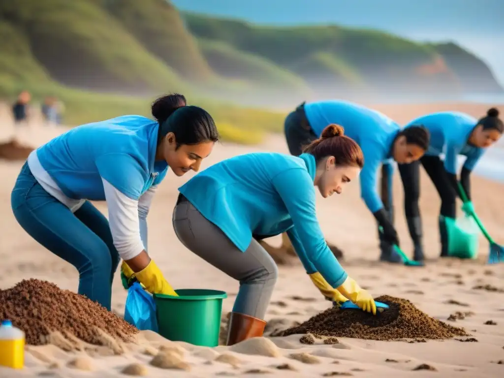 Voluntariado ambiental en acción limpiando una playa en Uruguay, uniendo edades y backgrounds en equipo bajo cielo azul