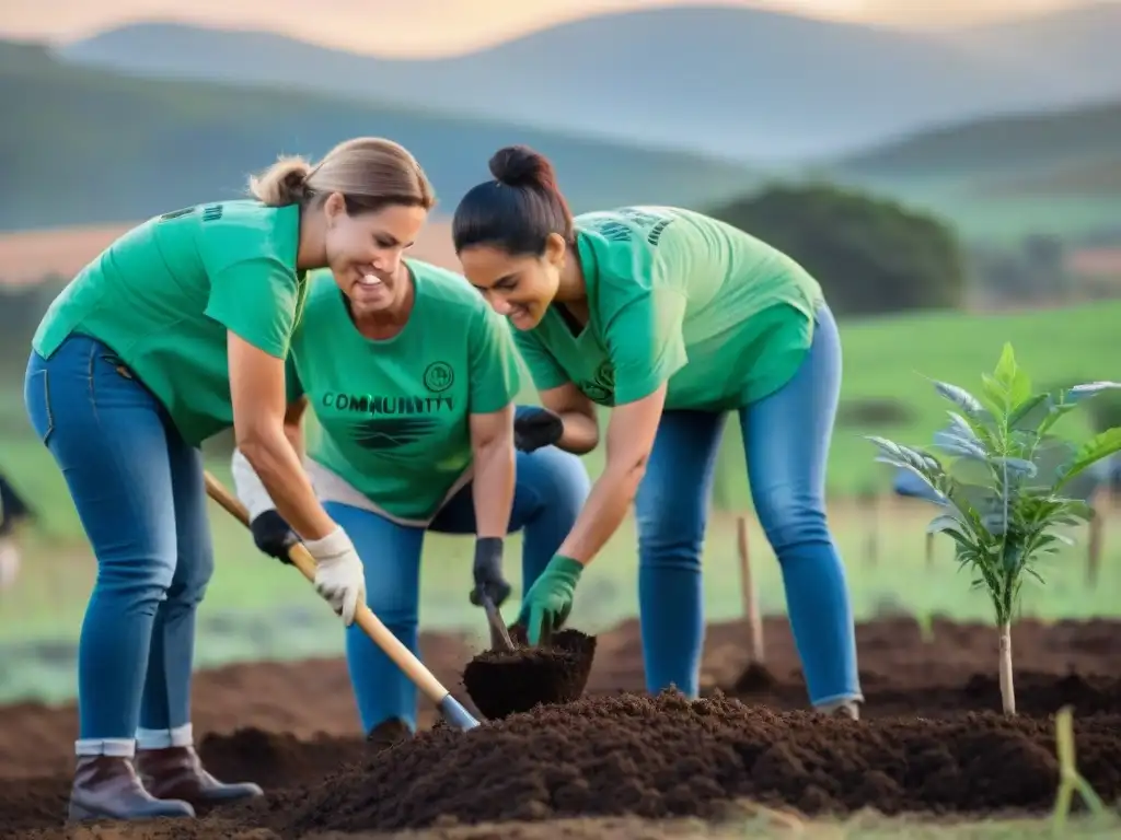 Voluntariado ambiental en Uruguay: Voluntarios plantando árboles al atardecer en un entorno rural