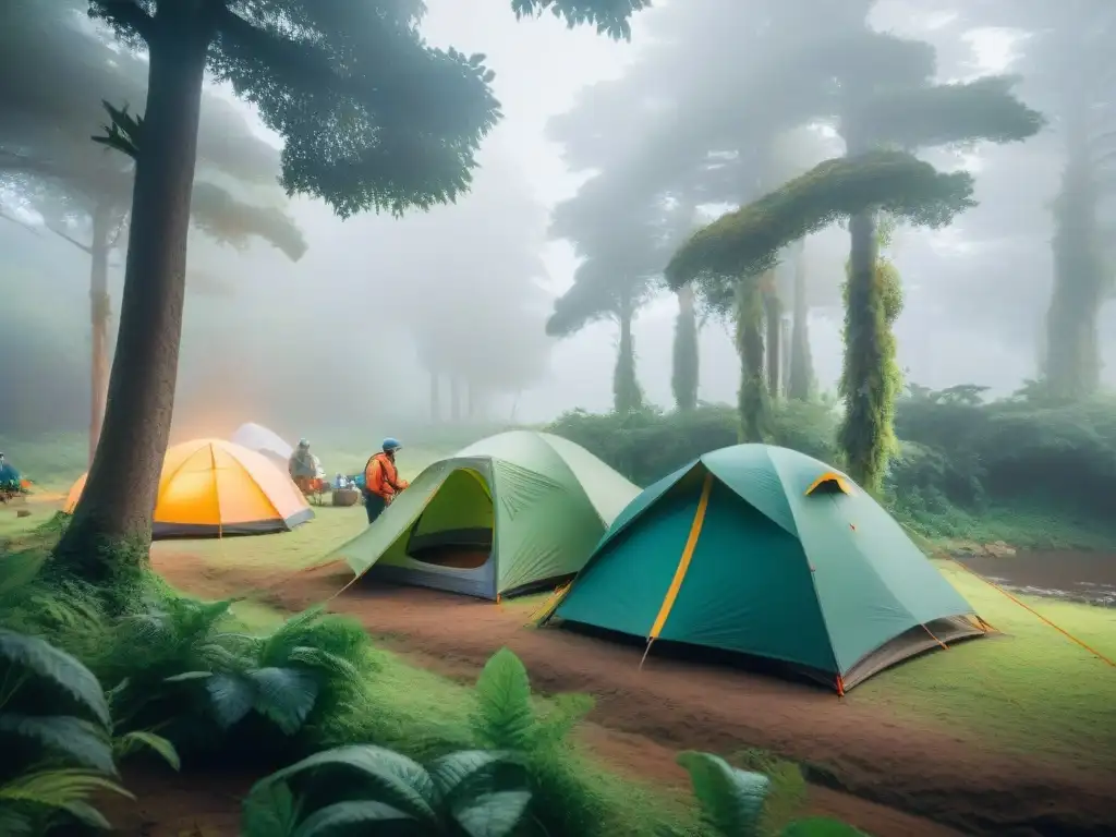 Voluntariado construyendo campamento sostenible en bosque de Uruguay