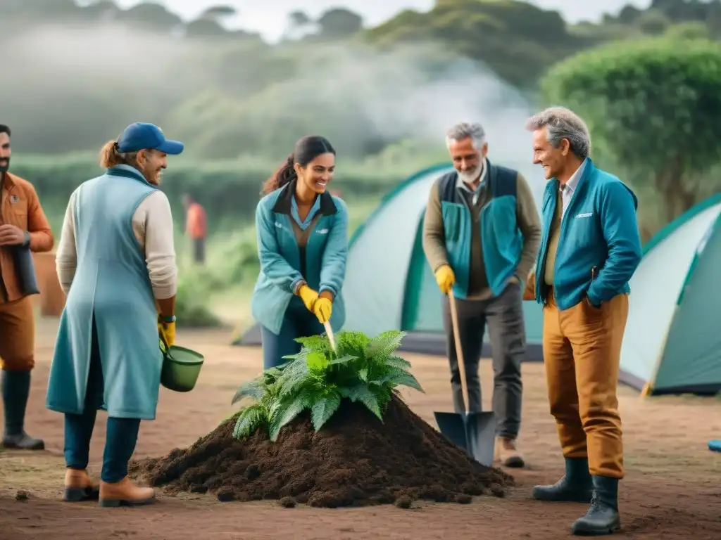 Voluntariado en campamentos Uruguay: Grupo unido de voluntarios trabajando en campamento rodeado de naturaleza exuberante y vida silvestre diversa