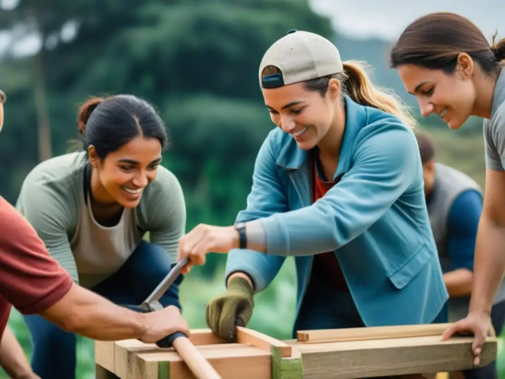 Voluntariado en campamentos uruguayos: Diversidad de voluntarios construyendo estructuras sostenibles en un entorno natural