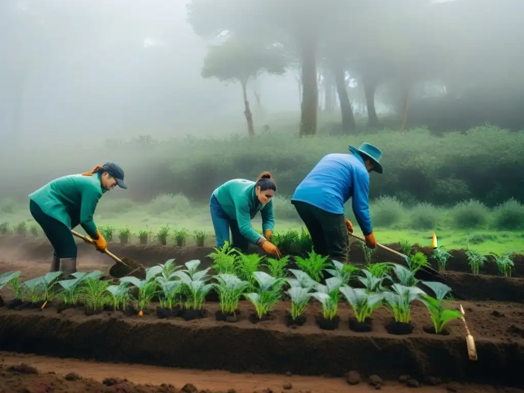 Voluntariado en campamentos en Uruguay: Grupo de voluntarios plantando árboles nativos en un bosque exuberante