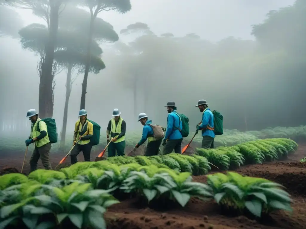 Voluntariado en campamentos en Uruguay: Grupo de voluntarios plantando árboles nativos en un bosque exuberante