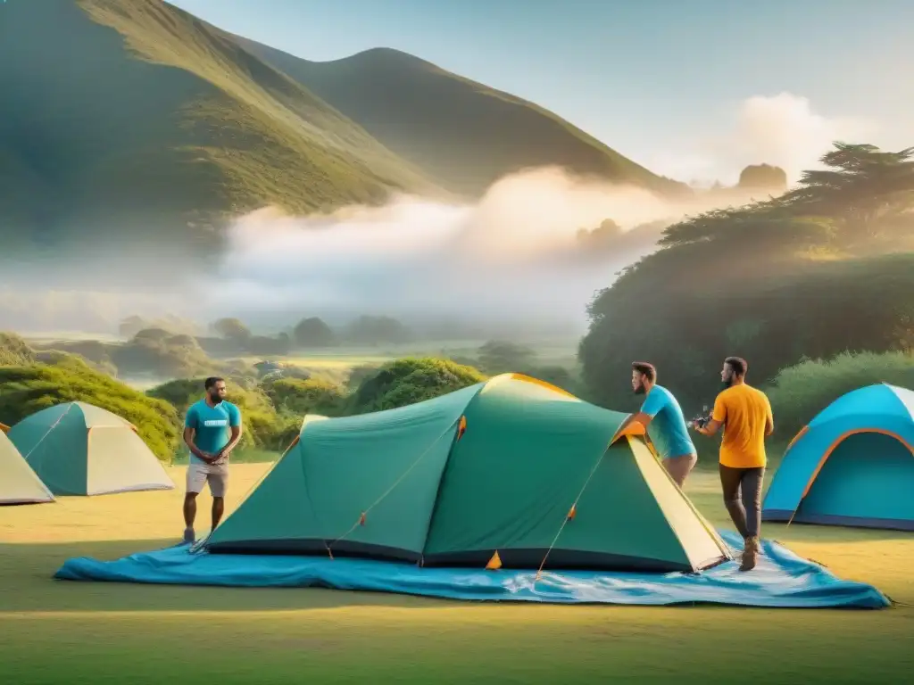 Voluntariado en campamentos Uruguay: Diversos voluntarios arman tiendas de campaña al atardecer en un hermoso campamento verde