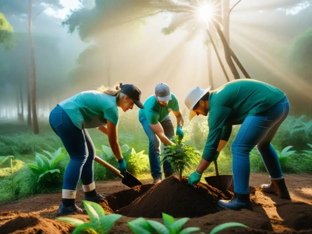 Voluntariado preservando joyas naturales en Uruguay: Grupo plantando árboles con entusiasmo en un bosque verde y exuberante