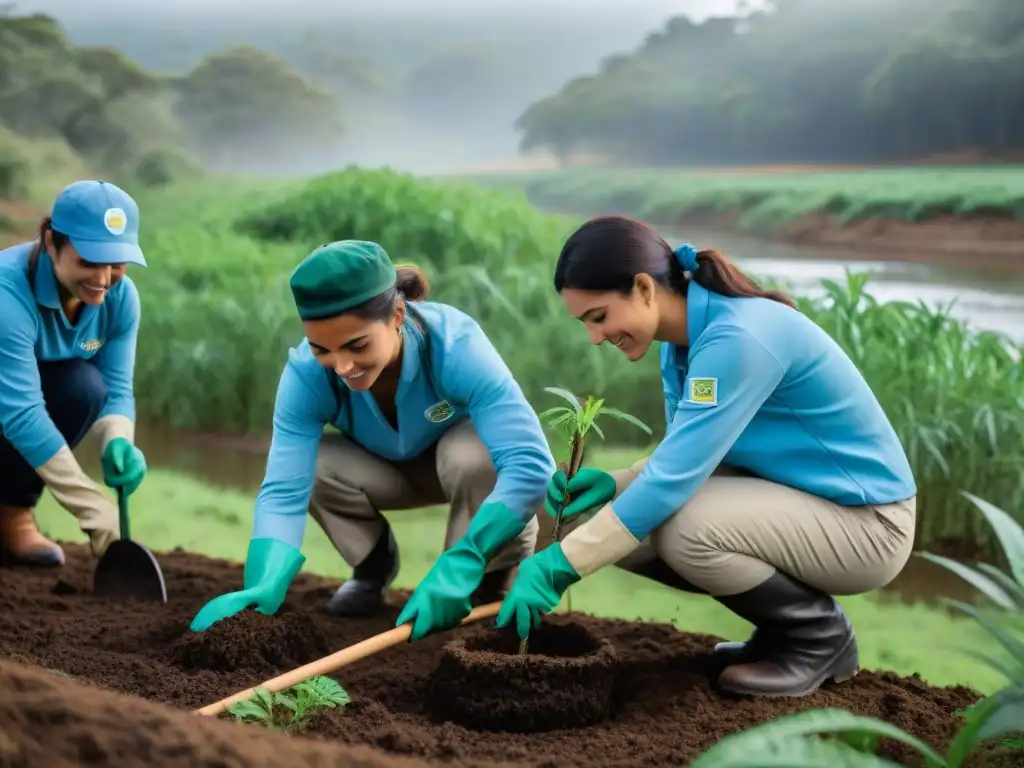 Voluntariado preservando joyas naturales en Uruguay: Grupo plantando árboles nativos en un frondoso bosque