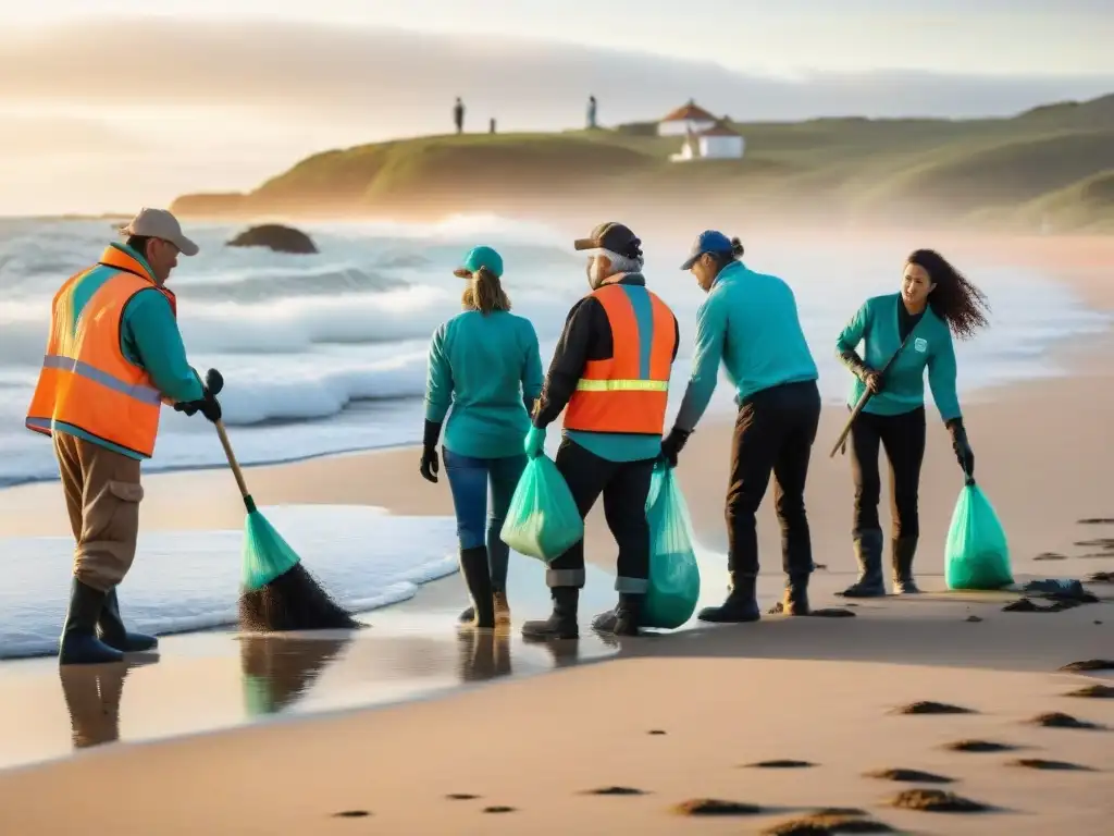 Voluntariado preservando joyas naturales en Uruguay: unión y dedicación en la limpieza de la playa al atardecer