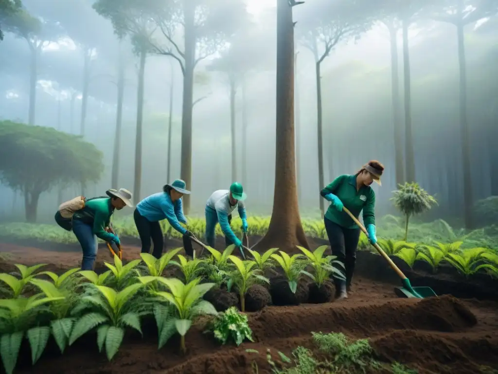 Voluntariado preservando joyas naturales en Uruguay: voluntarios plantando árboles en un bosque exuberante