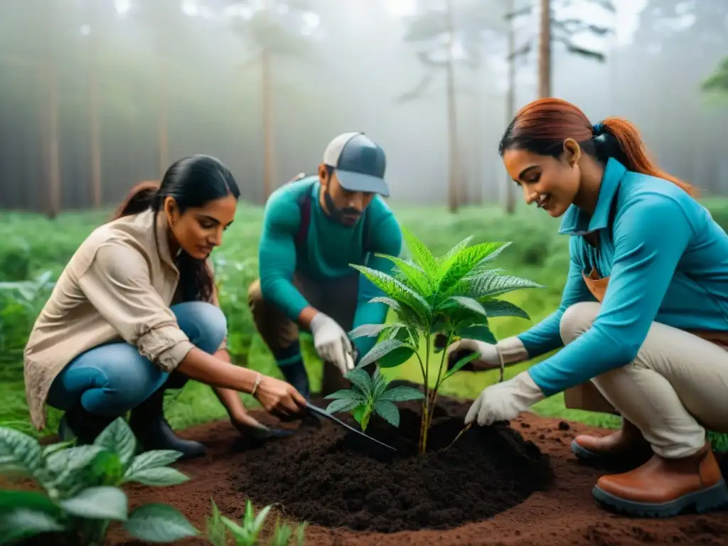 Voluntarios plantando árboles en un bosque de Uruguay, con camping sostenible