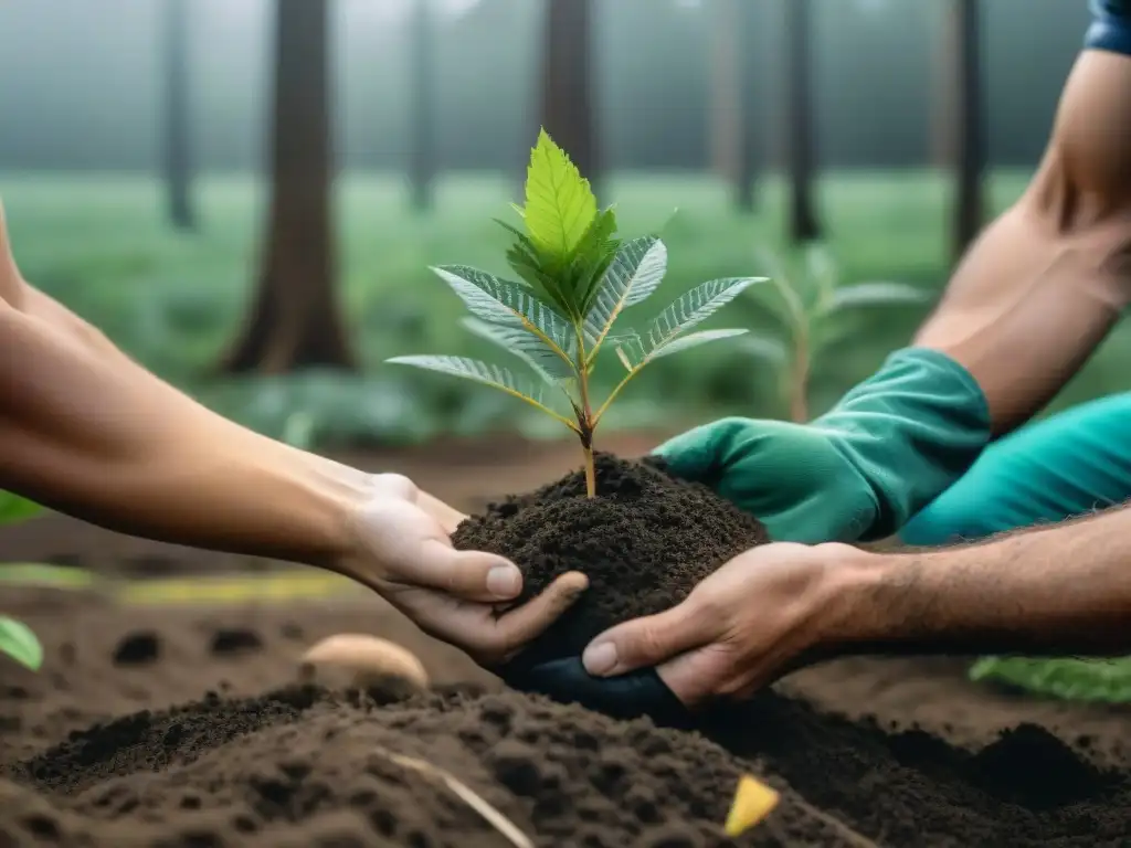 Voluntarios plantando árboles en un bosque verde de Uruguay