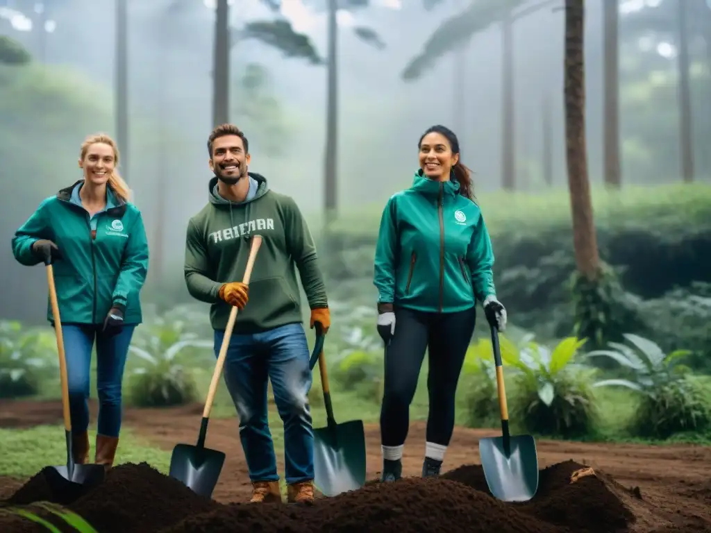 Voluntarios plantando árboles en un bosque de Uruguay, expresando determinación y unión por el voluntariado conservacionista camping en Uruguay