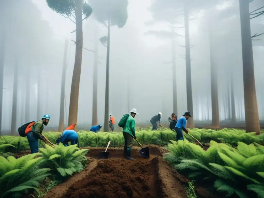 Voluntarios plantando árboles en un bosque de Uruguay