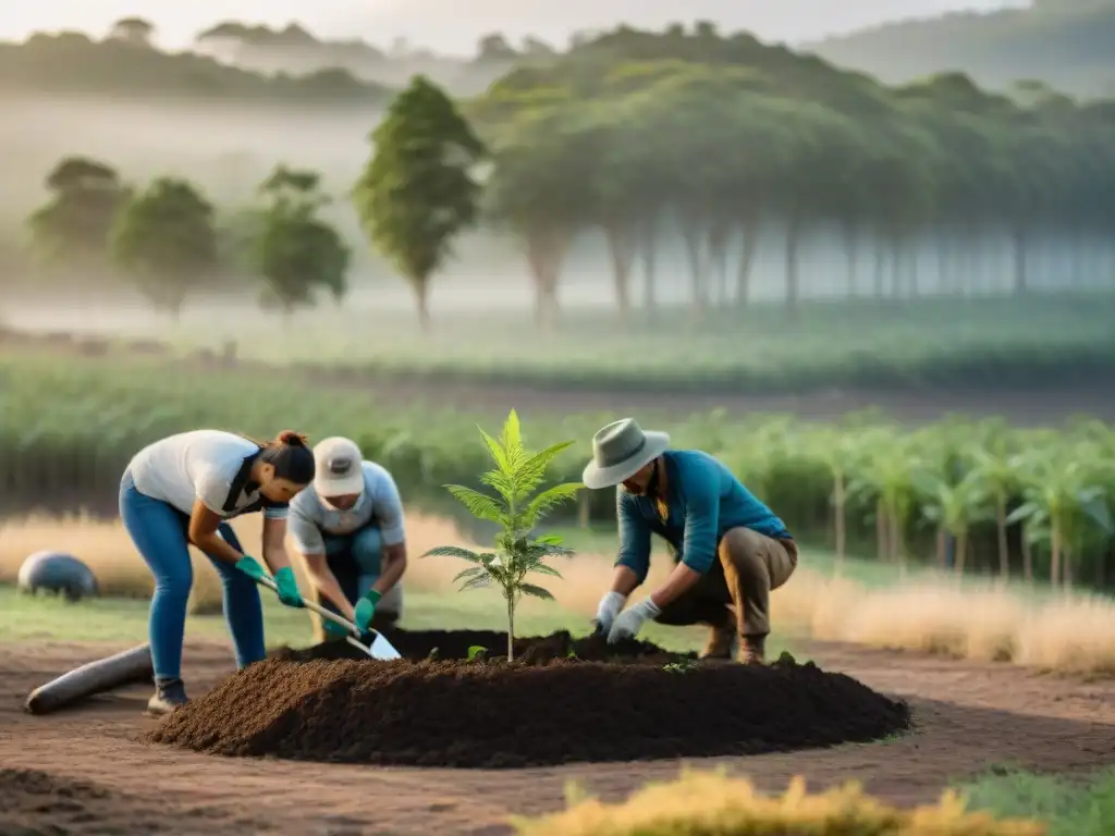 Voluntarios plantando árboles en un camping sostenible en Uruguay, promoviendo la reforestación comunitaria