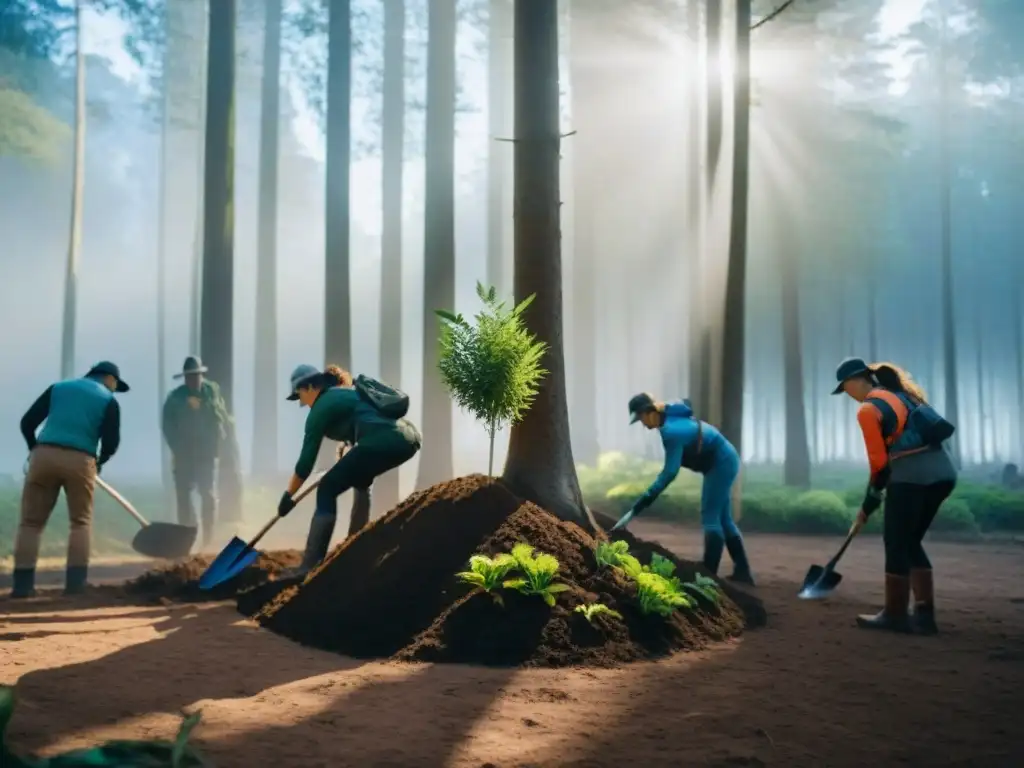 Voluntarios plantando árboles en bosque de camping en Uruguay, unidos por la reforestación