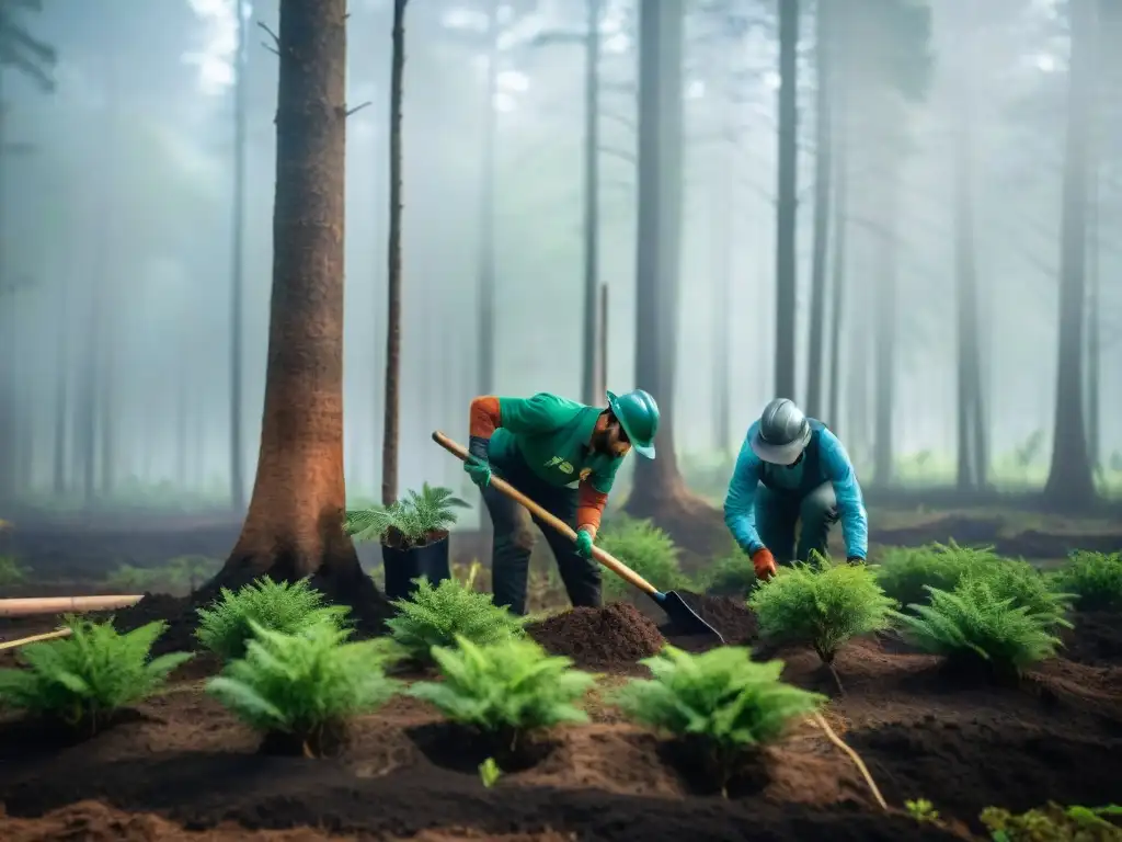 Voluntarios plantando árboles en un exuberante bosque de Uruguay