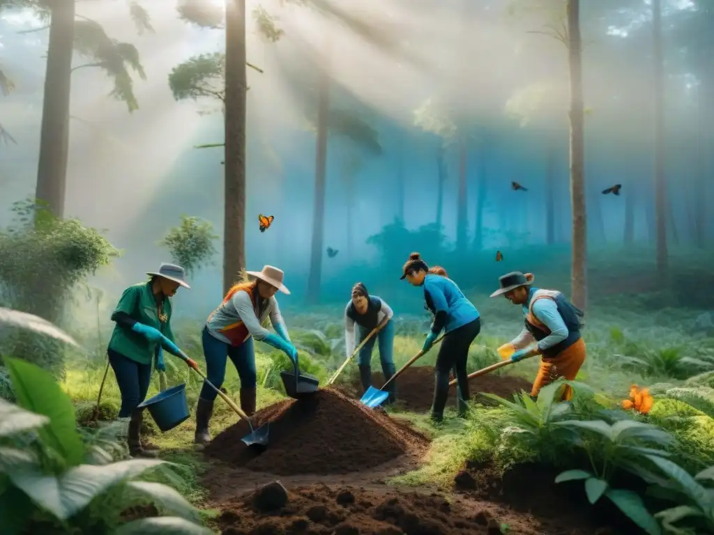 Voluntarios plantando árboles y flores nativas en un bosque vibrante de Uruguay, rodeados de naturaleza