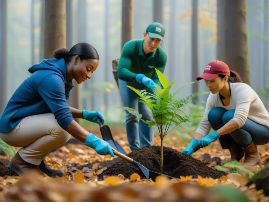 Voluntarios diversos plantan árboles jóvenes en un bosque exuberante