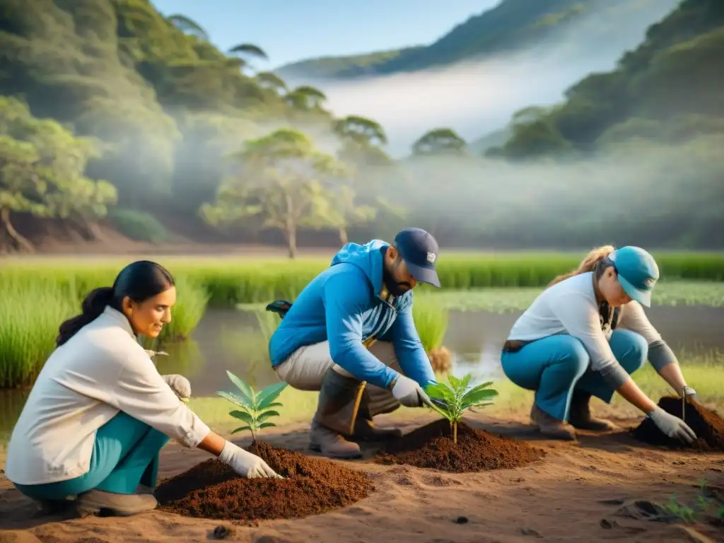 Voluntarios plantando árboles nativos en un bosque soleado, practicando camping sostenible en Uruguay