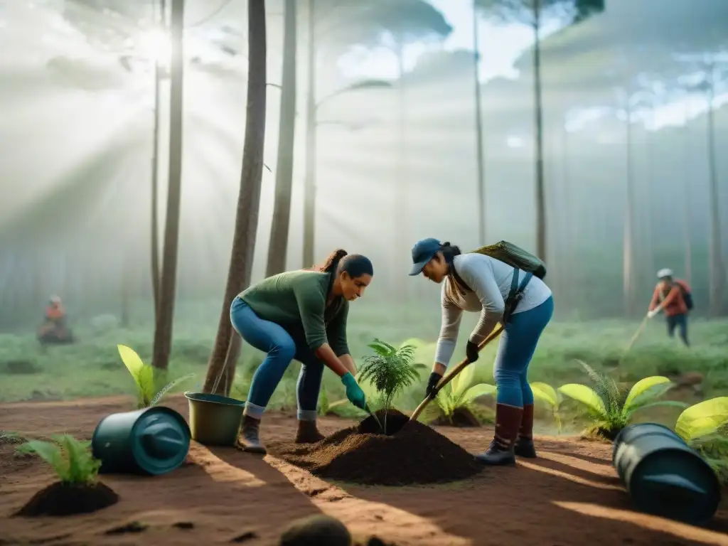 Voluntarios plantando árboles nativos en un bosque exuberante de Uruguay, promoviendo el camping sostenible en Uruguay