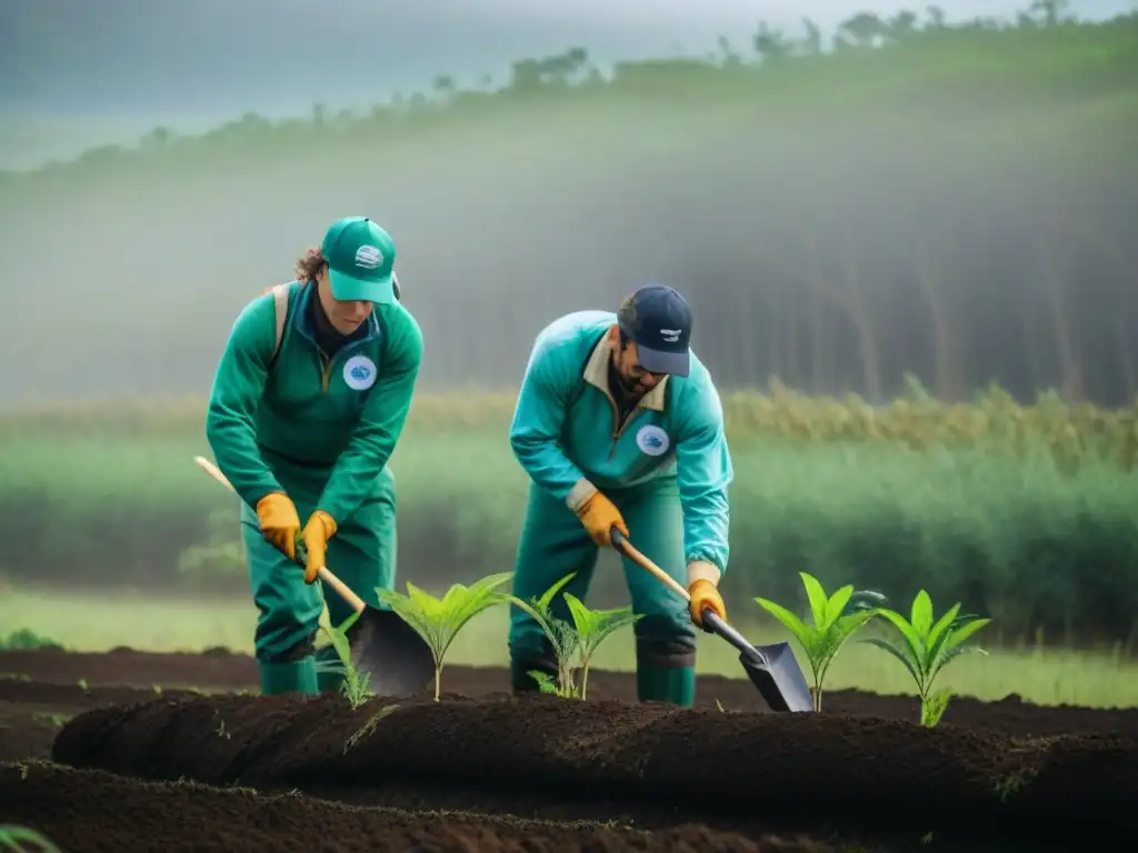 Voluntariado conservación naturaleza Uruguay: Grupo de voluntarios plantando árboles nativos en un frondoso bosque, bajo el cálido sol