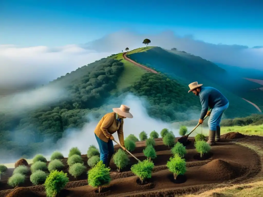 Voluntarios cuidando árboles nativos en bosque de Uruguay, destacando la conservación patrimonio natural Uruguay