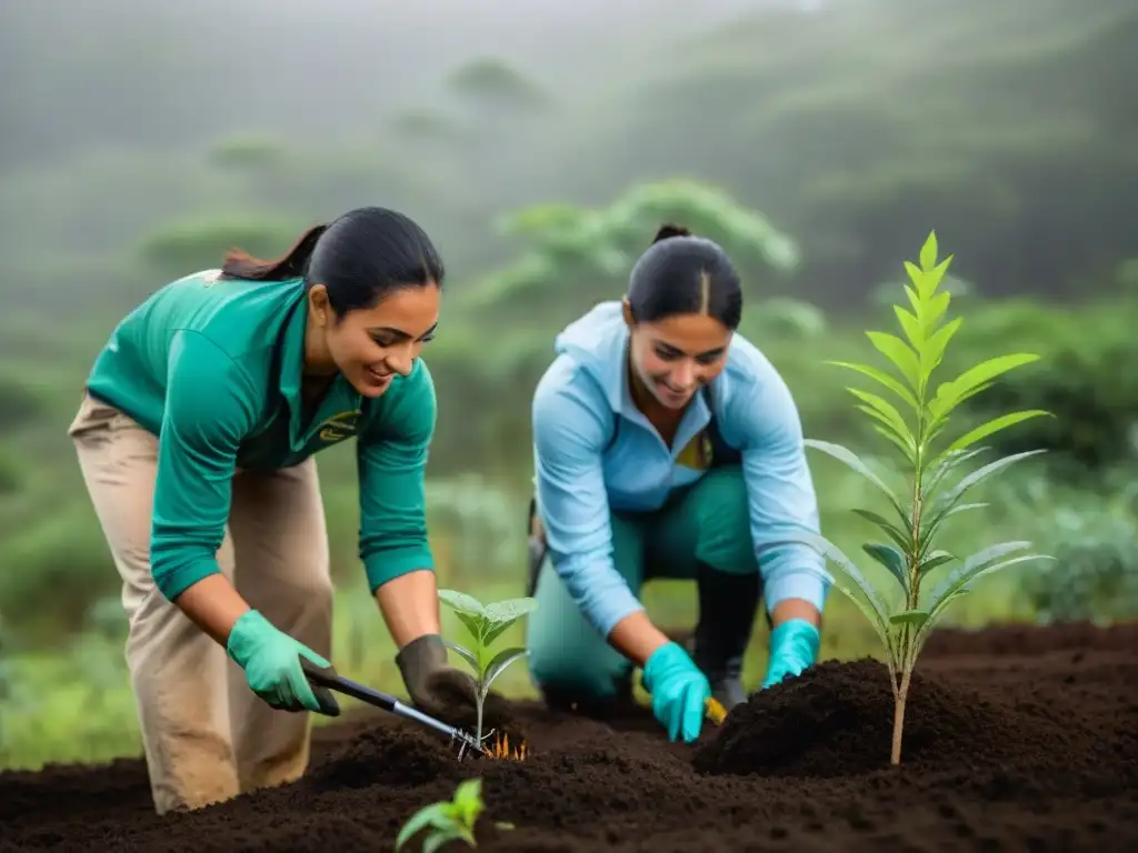 Voluntarios plantando árboles nativos en un proyecto de conservación en Uruguay