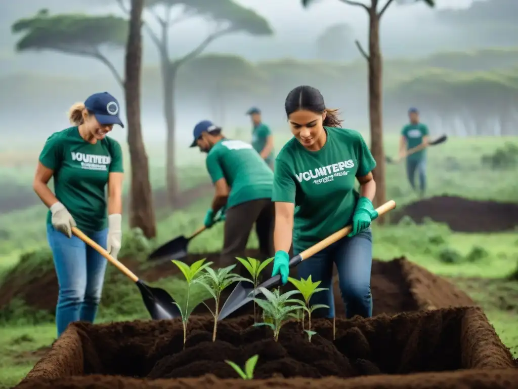 Voluntarios reforestando un bosque en Uruguay, protegiendo la naturaleza con esfuerzo y unión