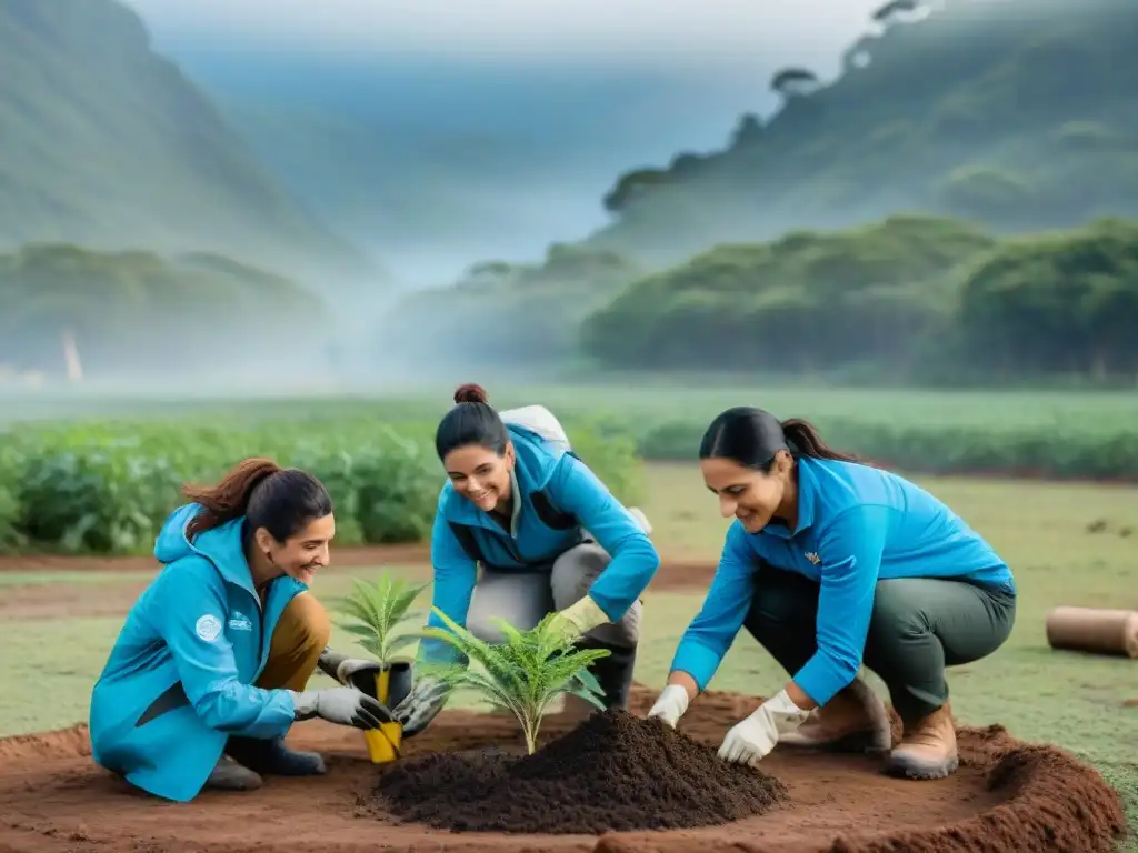 Voluntarios en campamento de conservación en Uruguay plantando árboles