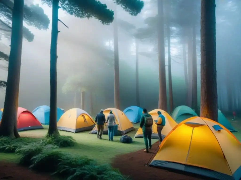 Voluntarios montando campamento en bosque uruguayo