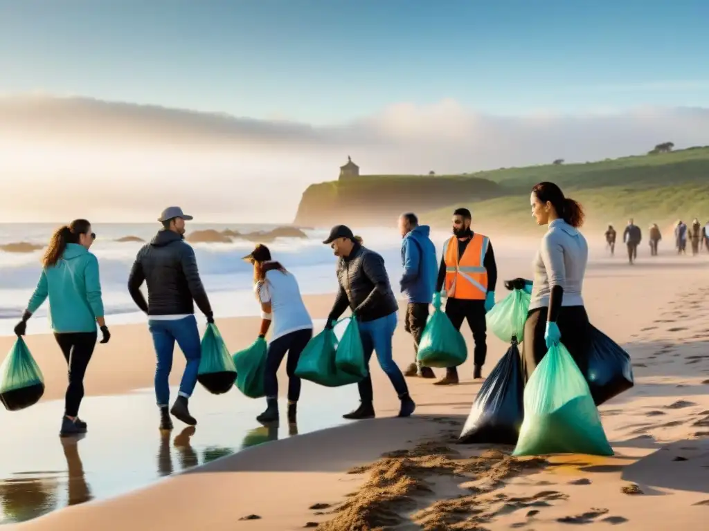 Voluntarios en camping Uruguay colaboran limpiando la playa al atardecer, mostrando trabajo en equipo y compromiso ambiental