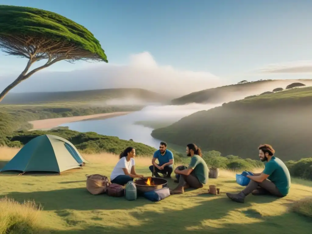 Voluntarios conservacionistas en acción en un camping en Uruguay, plantando árboles y manteniendo senderos, en un entorno natural sereno