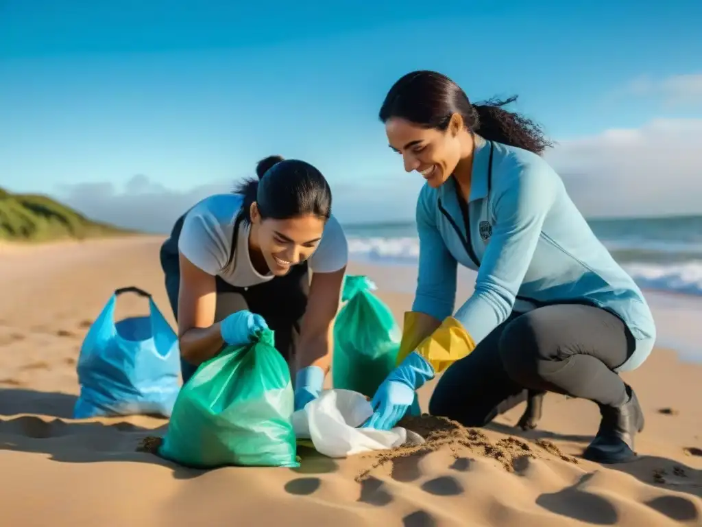 Voluntarios diversidad limpian playa Uruguay, cielo azul, arena y mar brillante