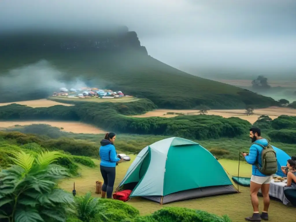 Voluntarios trabajando juntos en campamento en Uruguay, creando comunidad y disfrutando la naturaleza