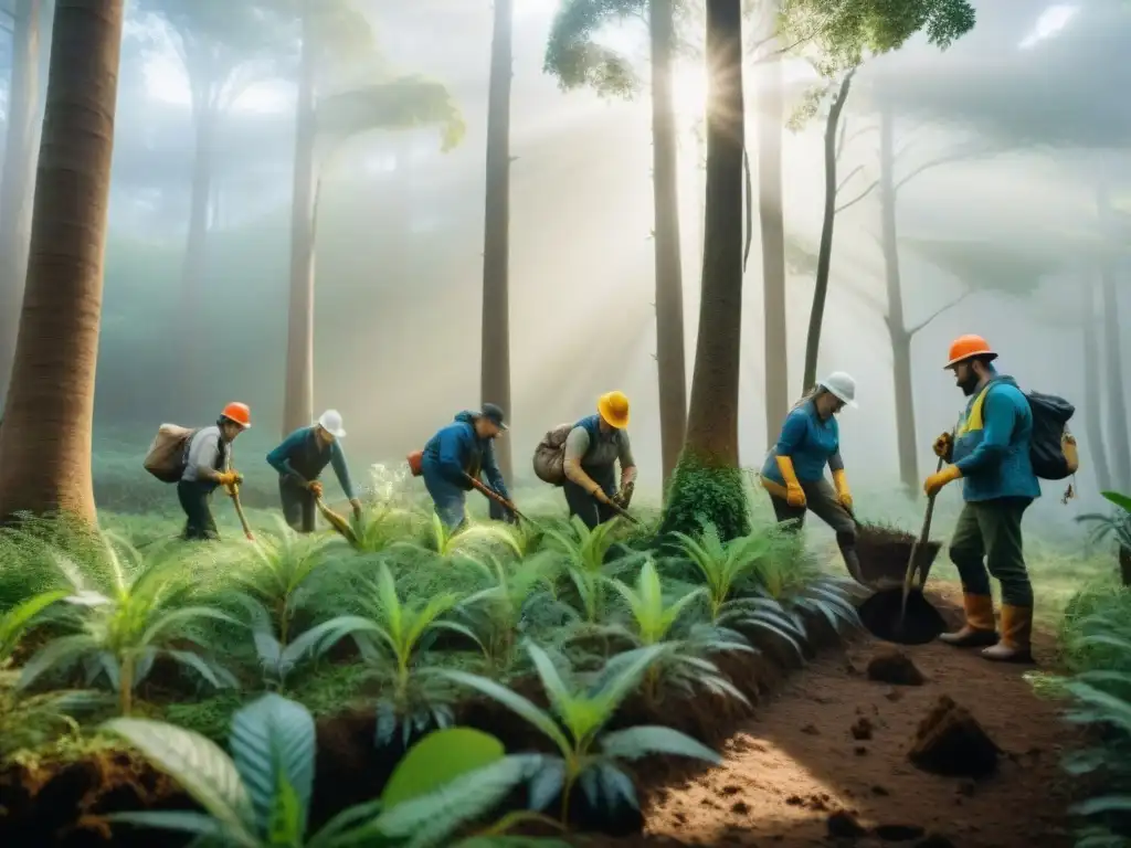 Voluntarios conservando la naturaleza en Uruguay, plantando árboles nativos en bosque exuberante