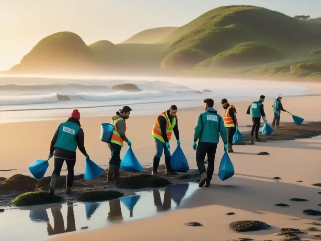 Voluntarios limpiando la playa al atardecer en Uruguay, destacando la conservación del patrimonio natural